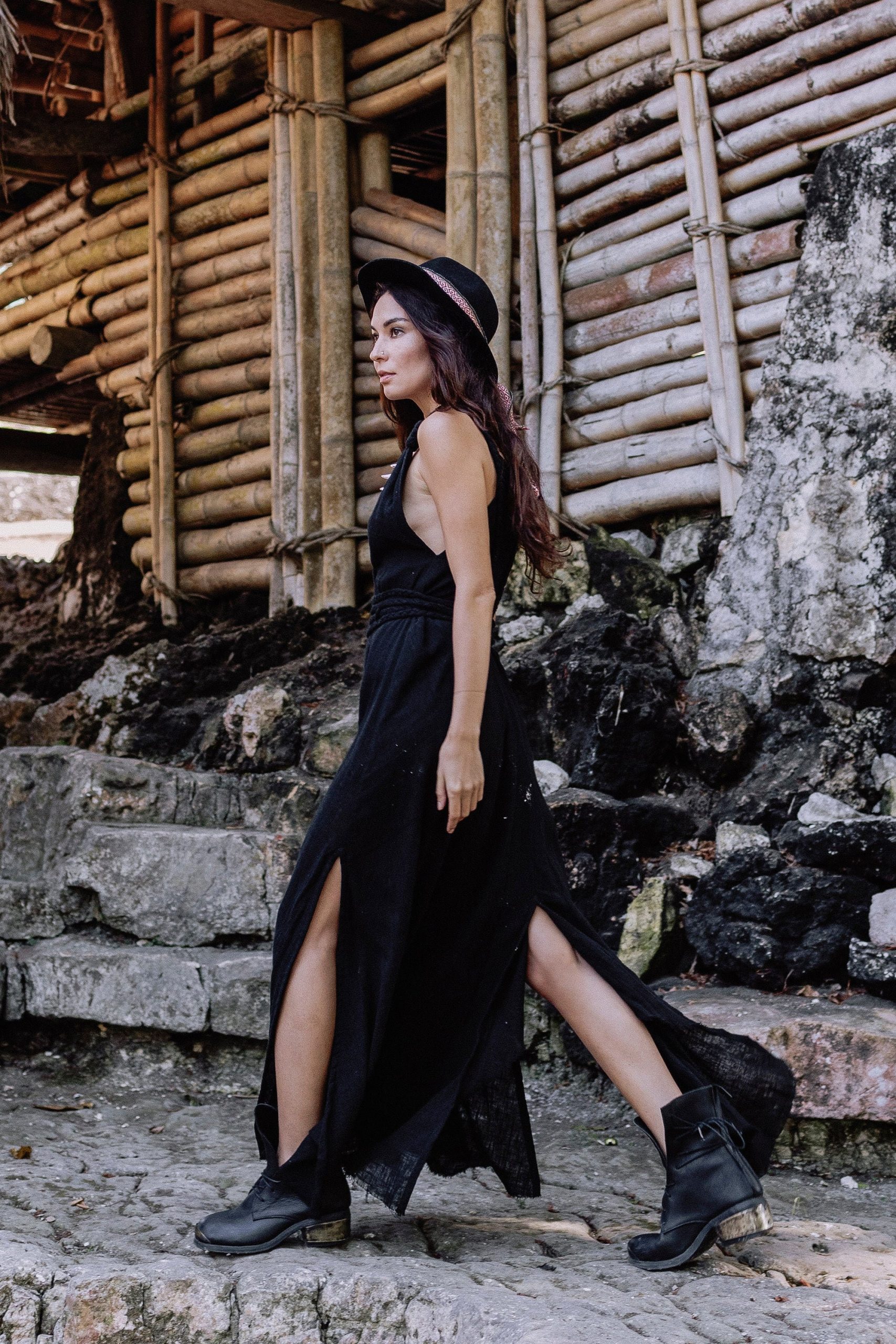 Black Boho Goddess Dress Gypsy Priestess Back Laces Black Boho Goddess Dress Gypsy Priestess Back Laces