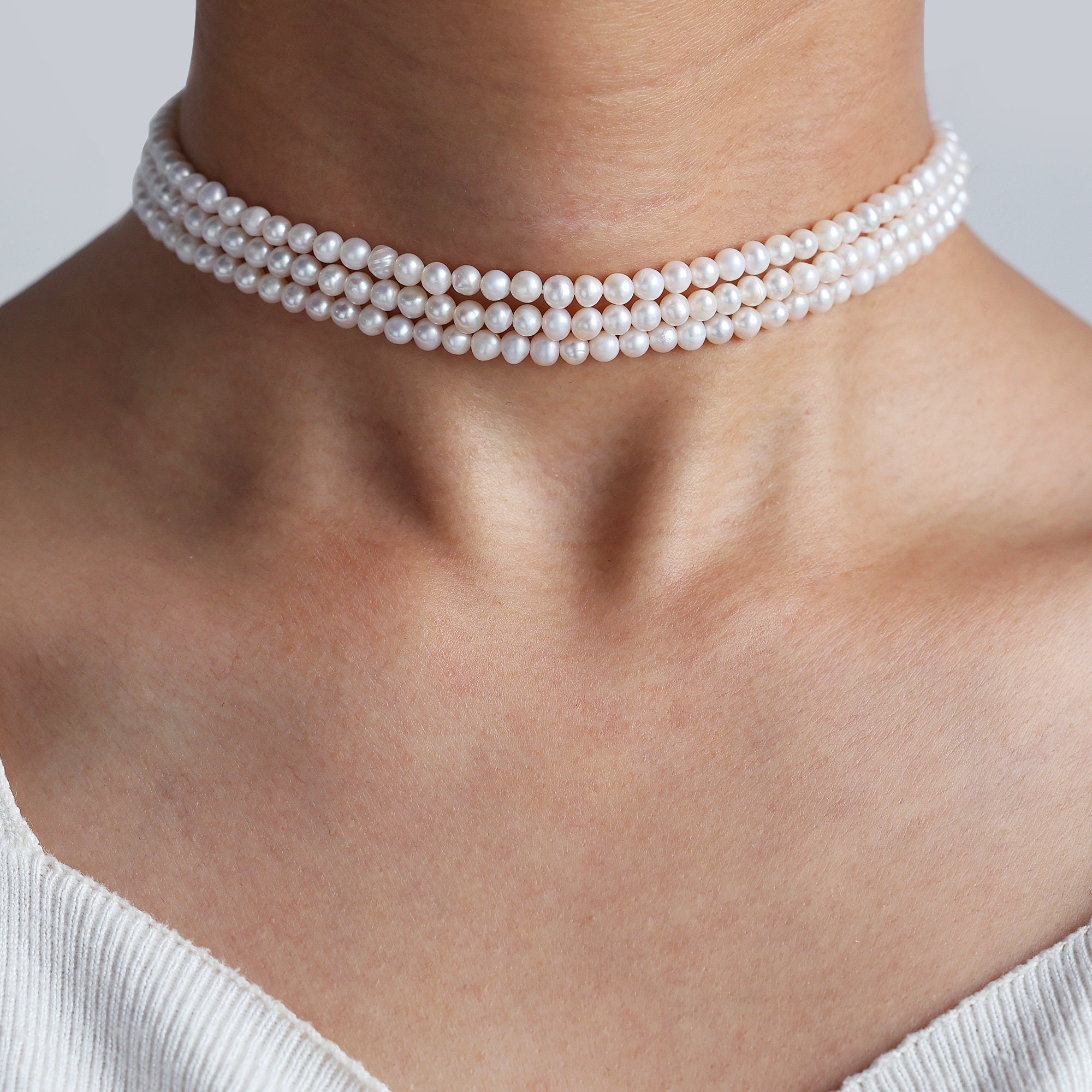 Tiny Freshwater Pearl Choker Necklace 3 Layered Thin Tiny Freshwater Pearl Choker Necklace 3 Layered Thin