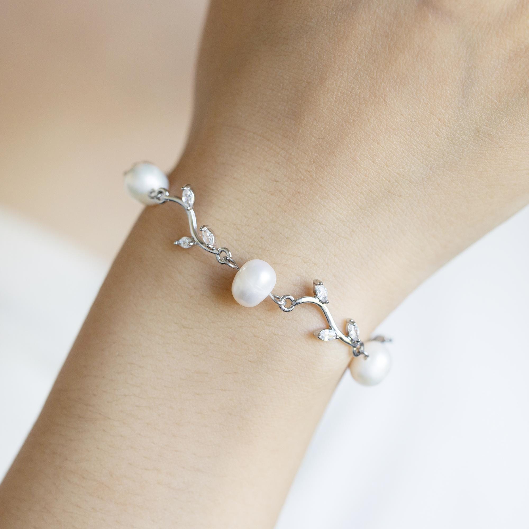 Diamond Leaf Pearl Bracelet Real Freshwater Jewelry Bridal Diamond Leaf Pearl Bracelet Real Freshwater Jewelry Bridal
