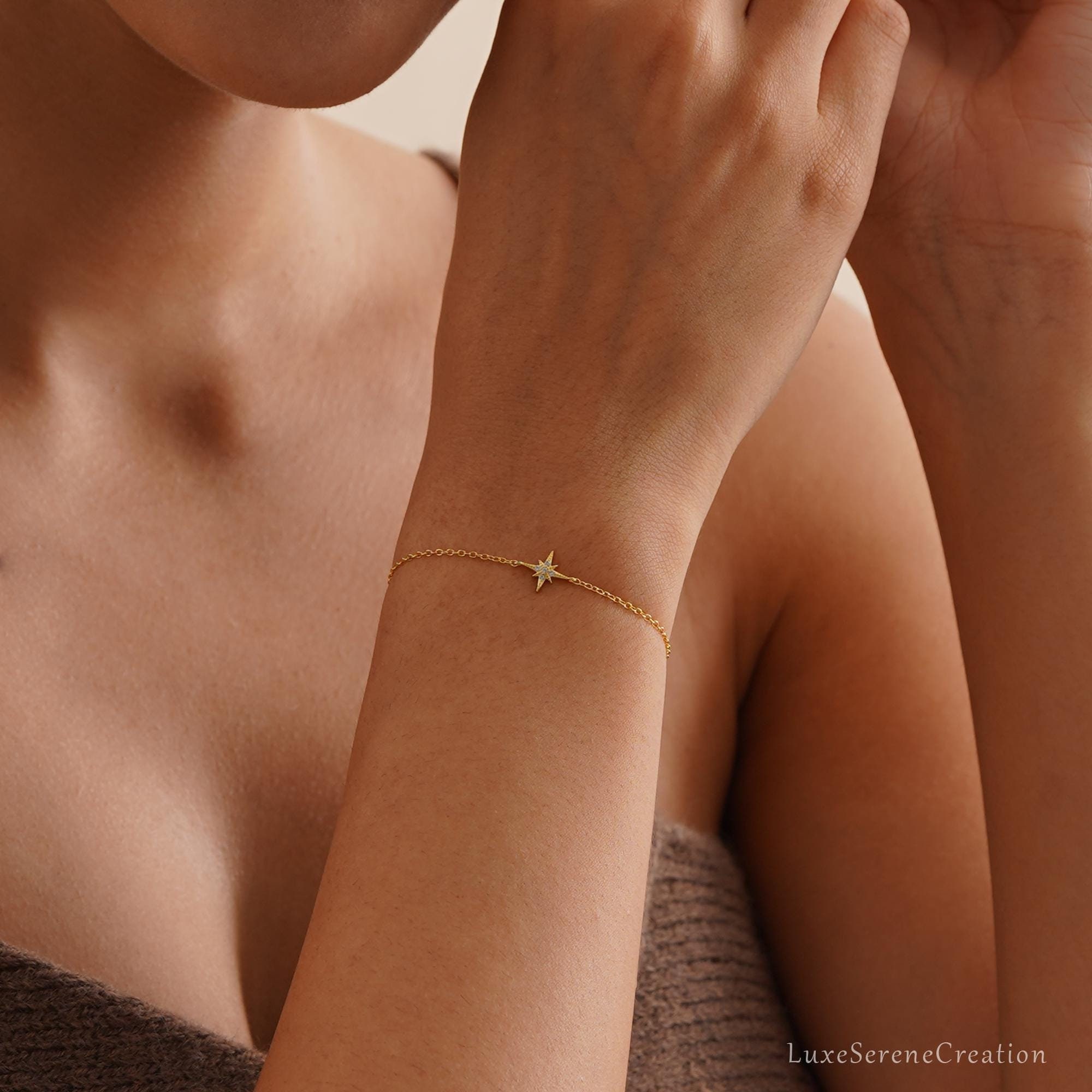 925 Sterling Silver Octagonal Star Bracelet Diamonds Delicate 925 Sterling Silver Octagonal Star Bracelet Diamonds Delicate