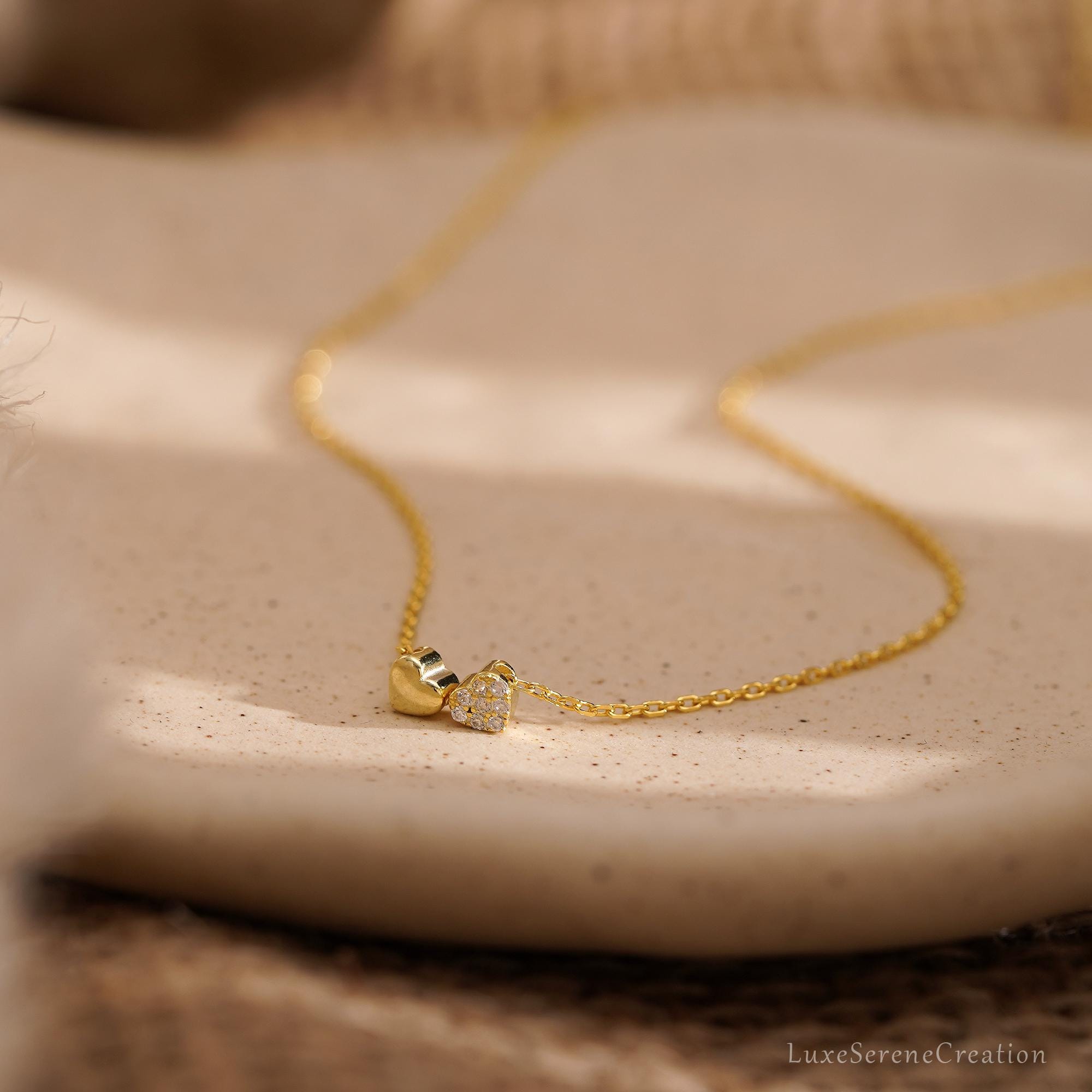 Tiny Double Heart Necklace 14k Gold Pave Minimalist Tiny Double Heart Necklace 14k Gold Pave Minimalist