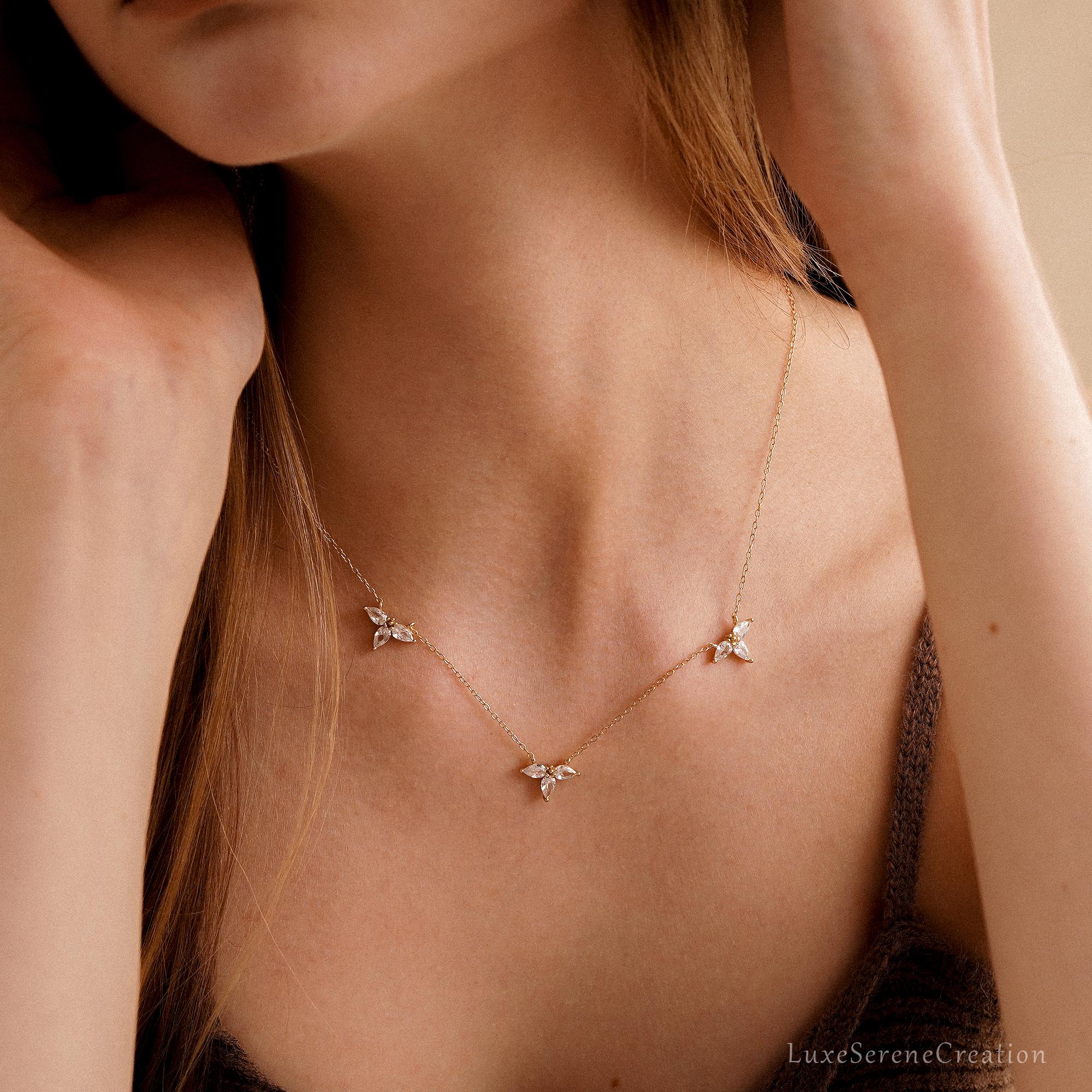 Marquise Flower Crystal Necklace Three Cz Diamond Bridesmaid Marquise Flower Crystal Necklace Three Cz Diamond Bridesmaid