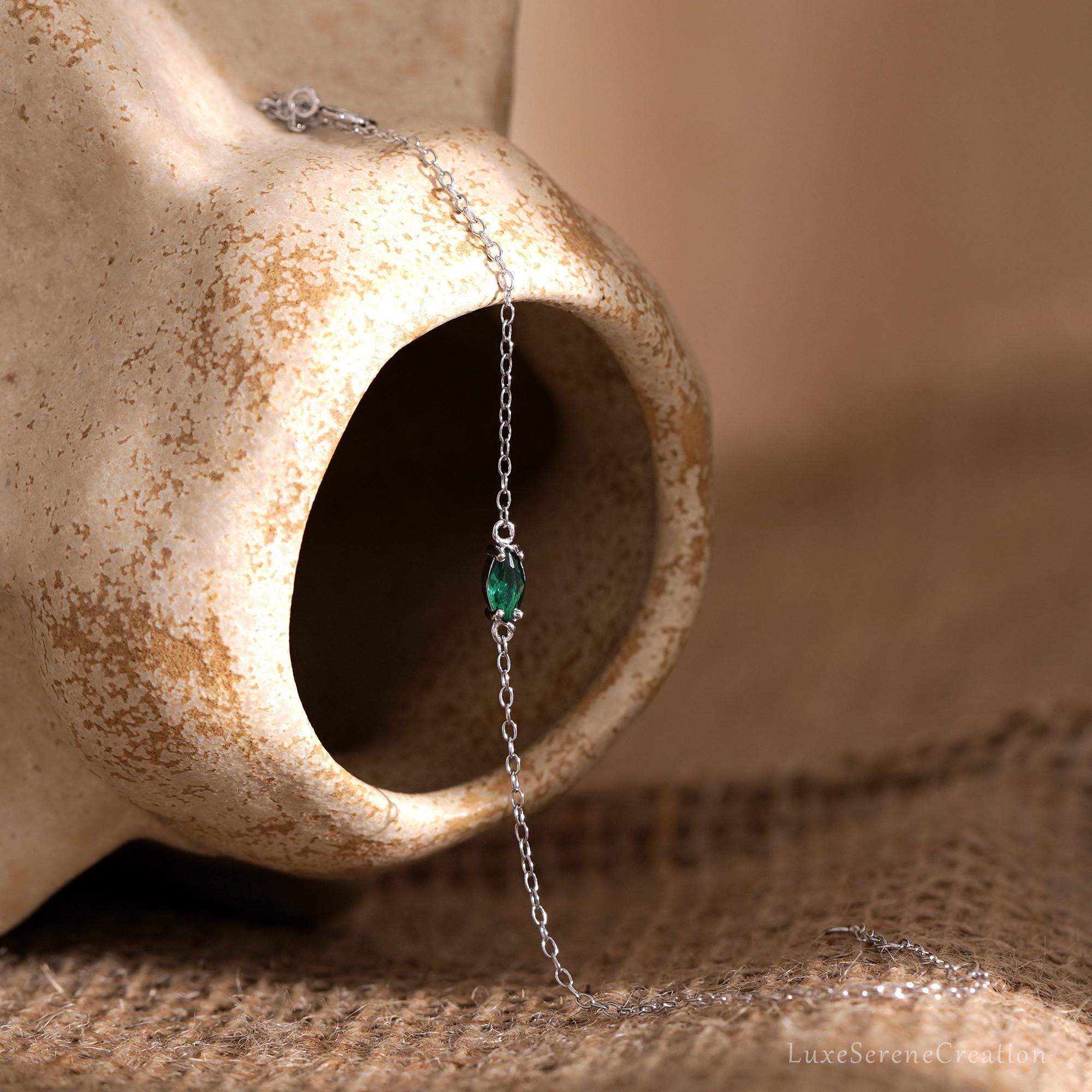 Emerald Gemstone Bracelet Marquise Zircon Chain Sterling Silver Emerald Gemstone Bracelet Marquise Zircon Chain Sterling Silver