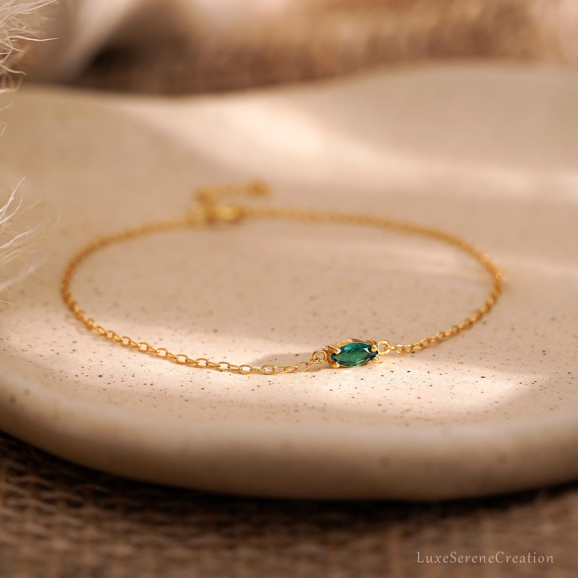 Emerald Gemstone Bracelet Marquise Zircon Chain Sterling Silver Emerald Gemstone Bracelet Marquise Zircon Chain Sterling Silver