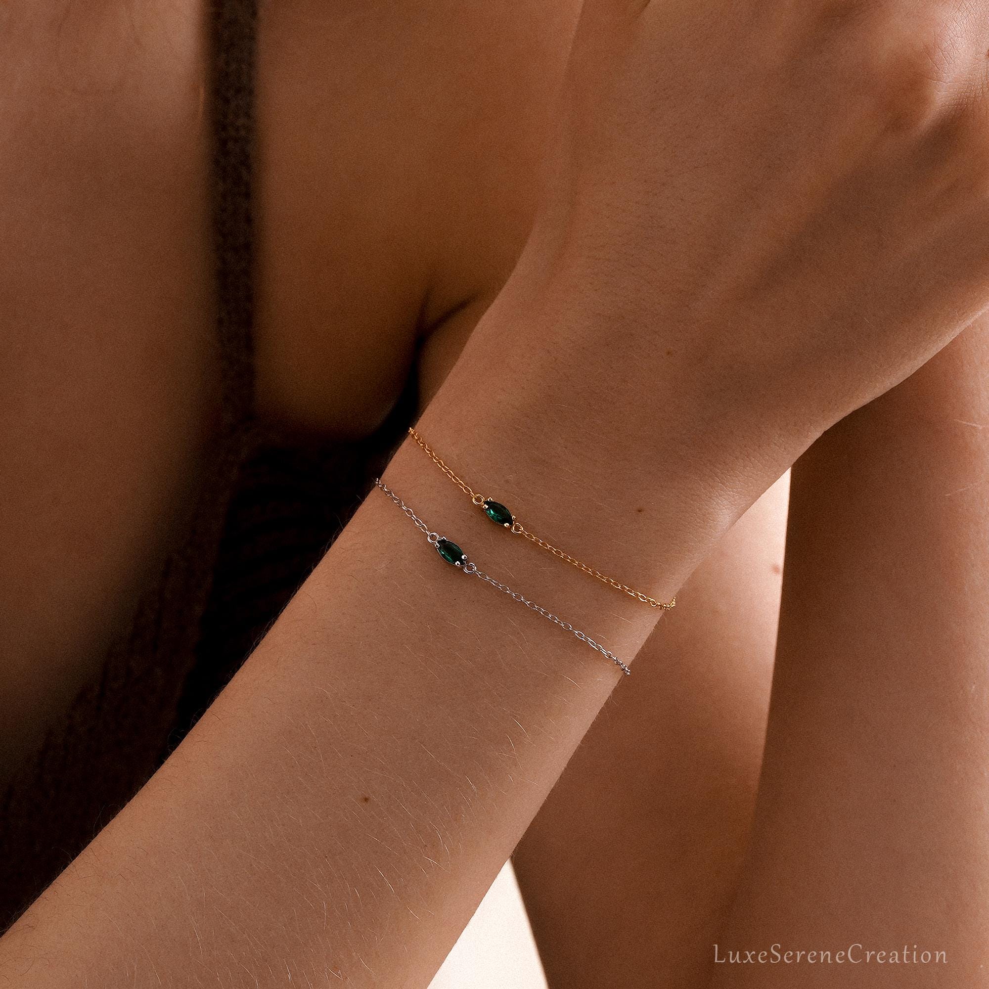 Emerald Gemstone Bracelet Marquise Zircon Chain Sterling Silver Emerald Gemstone Bracelet Marquise Zircon Chain Sterling Silver